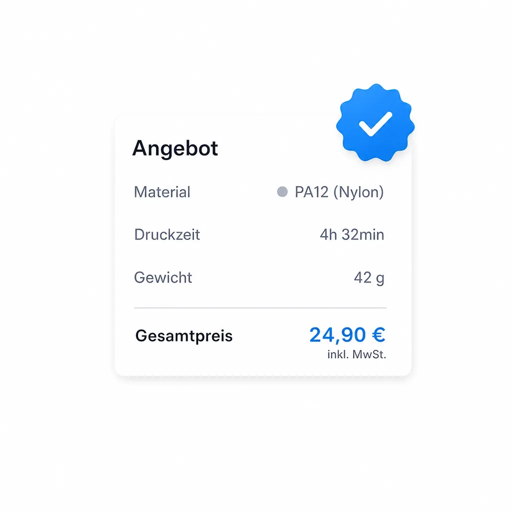 Angebotsübersicht mit Material PA12 (Nylon), Druckzeit 4h 32min, Gewicht 42g und Gesamtpreis 24,90 € inklusive Mehrwertsteuer.