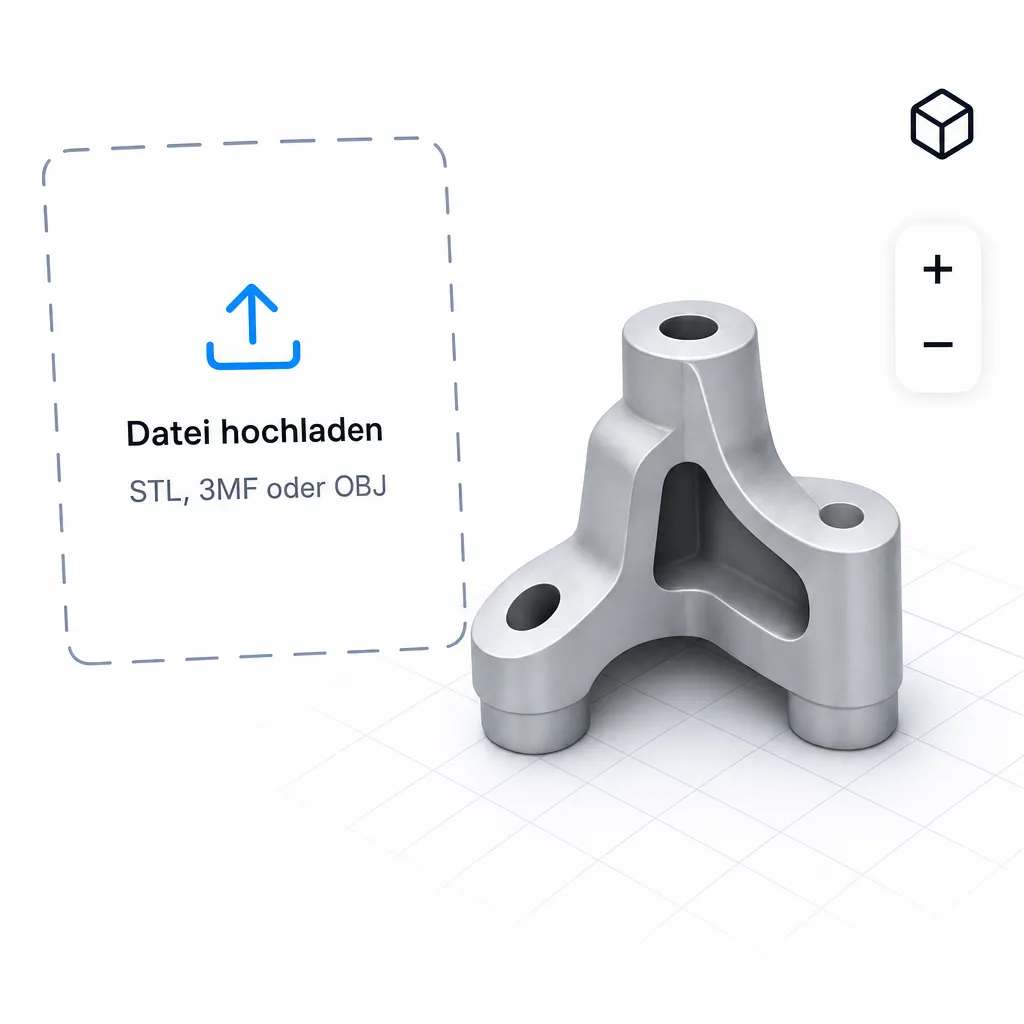 Ein 3D-Modellteil mit drei Beinen steht auf einem karierten Hintergrund, links davon eine Box zum Hochladen von Dateien.