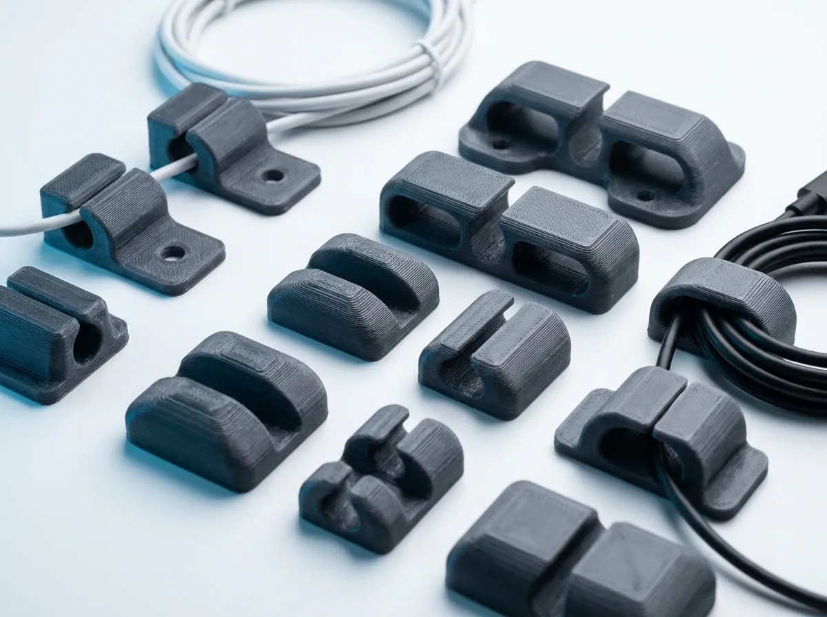 Set aus 3D gedruckten Kabelmanagement-Clips in dunkelgrauem PETG-Kunststoff in verschiedenen Größen.